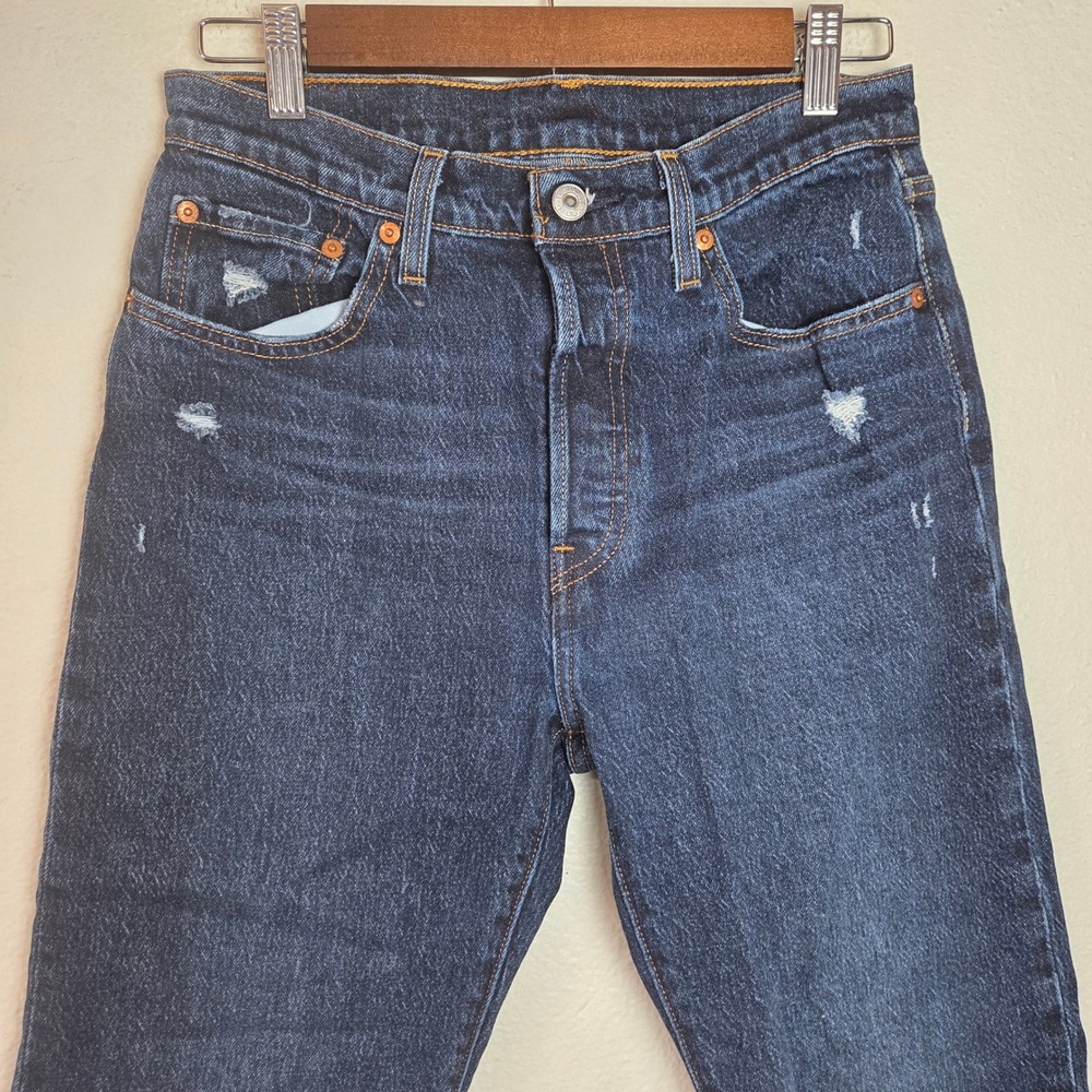 Levis 501 Crop Jeans W28 Button Fly Distressed‎ High Rise Dark Wash - Picture 3 of 10